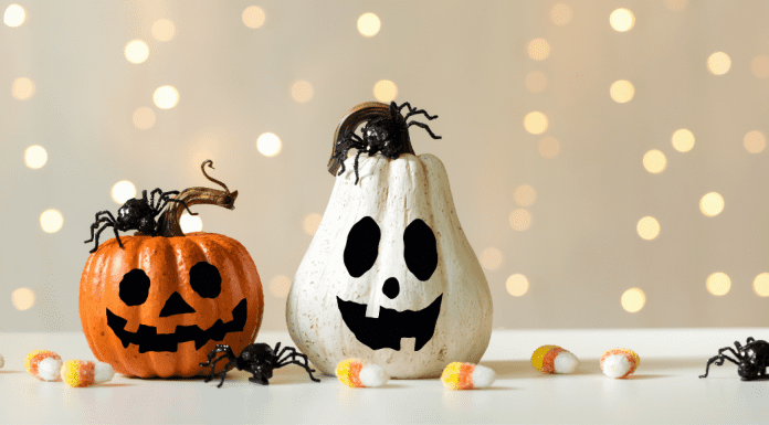 Two painted Halloween pumpkins.