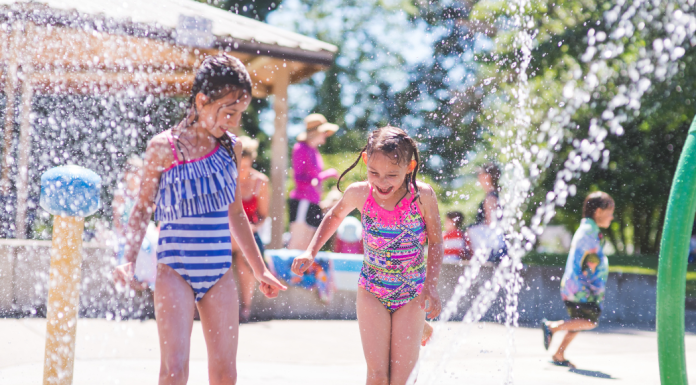 Girls playing in a local splash pad.